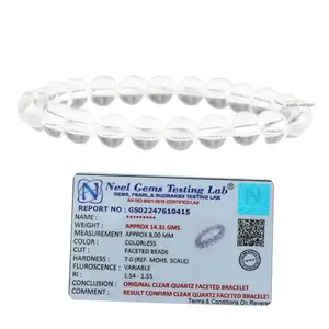 Vastu Vardan Certified Crystal Clear Quartz Bracelet | Natural Healing Stone | 8mm Round Beads | Stretchable Bracelet for Men, Women |