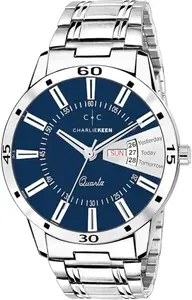 CHARLIEKEEN Blue Dial Day and Date Display, Stainless Steel Bracelet, 38 mm Case Analogue Watch for Men (Blue)