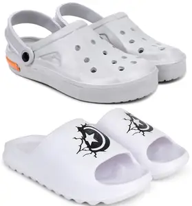 Pampy Angel Combo Pack of 2 Slipper/Flip Flops/Slides/Clogs/Sandals with Adjustable Back Strap for Men,(Cl-Tube-Grey,Y-Ktstar-White),8 (UK/India)