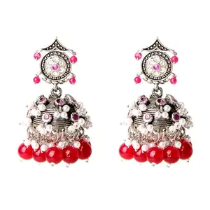 XPNSV Luxury Pink White Beaded Lightweight Oxidised Jhumkas | Anti Tarnish, Light Weight, Handmade | Daily/Party/Office Wear Stylish Jewellery | Latest Fashion for Women, Girls and Her (Ruby)