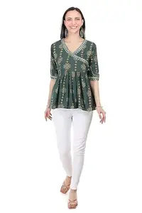 Indian Traditional Jaipuri Cotton Rayon Short Tunic Top Kurti Shirt for Women JP28092 (Green) (L)