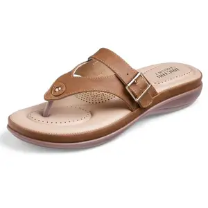 DOCTOR EXTRA SOFT Women's Flat Comfortable Memory Foam Slippers/Flip-Flops Fashion Stylish Casual Diabetic Orthopedic Lightweight Synthetic Slip-on Sandals with Adjustable Strap for Girls/Ladies D-623-Tan-9UK