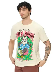 The Souled Store Calm Down Men and Boys Short Sleeves Round Neck Yellow Graphic Printed Regular Fit Cotton T-Shirts