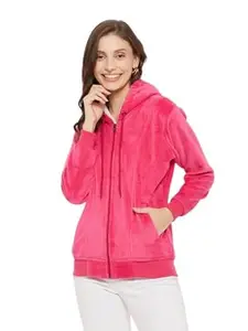 Brief Chickade Women Velvet Super Soft Solid Night Suits/Sweatshirt Jacket with Hood (S, Dark Pink)