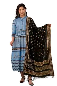 MRJ Enterprises Women's Rayon 3/4 Sleeves Printed Anarkali Kurti Jacket with Dupatta Set (Blue-2XL)