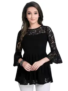 Women Russel Net with Inner Solid Tops, Round Neck with Bell Sleeve Black