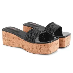 STEPT6 Women's & Girls Stylish Black Cork Wedge Heels Comfortable & Trendy Party Ladies Summer Fashion Sandals. Black