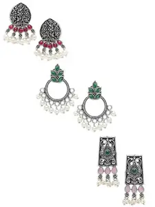 OOMPH Jewellery Combo of 3 Oxidised Silver Ethnic Drop Earrings for Women & Girls Stylish Latest - Pink, Green & Maroon Stones (P-EJAM49^G-EJAM65^M-EJAM66_AMR1)