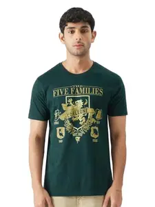 The Souled Store Official The Godfather: Five Families Men and Boys Round Neck Short Sleeve Green Graphic Printed Cotton Regular Fit T-Shirts