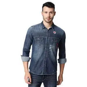 Pepe Jeans Men's Solid Regular Fit Shirt (PM307811G22_MID WASH 2XL)