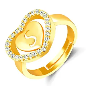 Kanak Jewels Heart Golden Rings Alphabet S Letter Initial for girls women Men Boys Couple girlfriend American diamond Adjustable Valentine Gifts Love Ring Brass Cubic Zirconia Gold Plated Ring