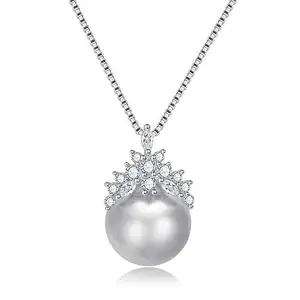 Bling Queen Women's Silver Plated Pearl Crown Pendant With Chain, Crown Pendant For Girlfriend, Trendy Pearl Necklace For Girls, Pearl And Crown Necklace For Girls, Birthday Gift Ideas(Silver)