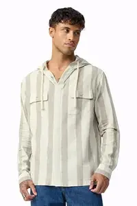 The Souled Store Cotton Linen Hooded Shirt: Nougat Men and Boys Long Sleeve Hooded White and Beige Striped Cotton Blend Regular Lightweight Streetwear Casual Cotton Linen Shirt