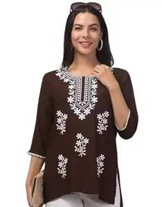 Meyara Rayon Kurti for Women - Short Chikankari Kurtis for Girls, Lakhnawi Tunic Top Kurta Design for Ladies, Woman Ethnic Kurthis, Shirt with Sleeve & Embroidery Kurti for Office Coffee/Brown