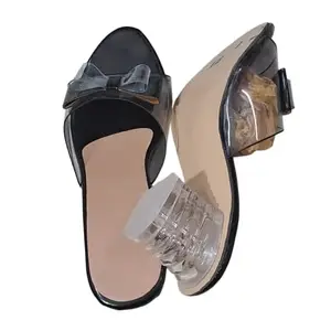 Women's Clear Heel Mules, Black with Bow Detail, Transparent Block Heel Sandals (Black, UK Footwear Size System, Adult, Women, Numeric, Medium, 8)