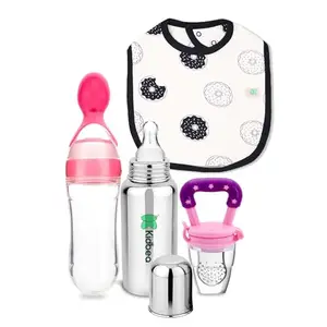 Kidbea Stainless Steel Infant Baby Feeding Bottle, Donut Printed, Pink Silicone Food and Fruit Feeder BPA Free Combo of 4