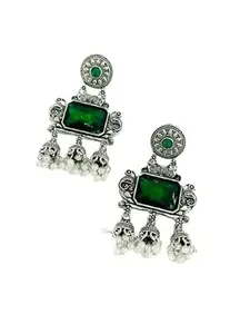 Oxidised Silver Earrings with large Stones, Beaded Fringes, 7 cm Length (Emerald Green, Large)