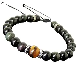 Lady Works Natural Black Obsidian With Tigers Eye Threaded Bracelet 8mm Round Smooth Beads Black Obsidian With Tigers Eye Adjustable Thread Bracelet. Unisex Macrame Yoga Bracelet.|LW_TDBR_0475