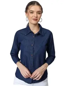Wingzss Women's Regular Fit Spread Collar Denim Shirt-Plain Collar Dark Shirt (Medium)