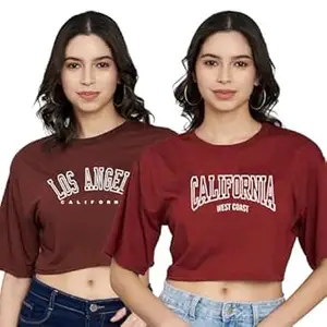 TREND LEVEL Stylish Women Crop Top with Short Sleeves |Trendy Tshirt for Office Wear/Casual Wear/Girls(Pack of 2 (Crop Tshirt TL088-TL089) Brown