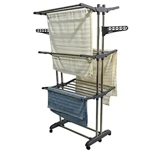 HOMACE Cloth Stand for Drying Clothes Foldable | Stand for Clothes Hanging Dryer | Cloth Drying Stand for Balcony Stainless Steel with 6 Wheels - Grey (Made in India)