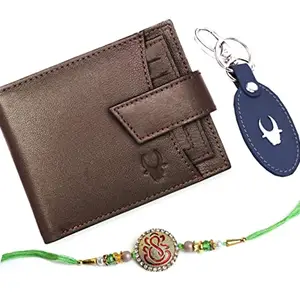 WildHorn Rakhi Gift Hamper for Brother - Classic Men's Combo/Gift Set of Leather Wallet, Keyring and Rakhi for Brother (Carob Brown)