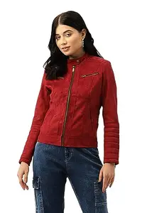 Leather Retail Mahroon Suede Faux Leather Jacket For Women's