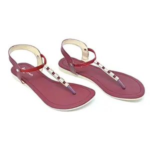 Padvesh Women?s Girls Fashion Synthetic Party & Casual Ankle-Strap Open Toe Flats Slipper(Maroon, 4)