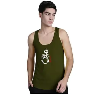 FBAR "Divine OM Printed Men Cotton Sleeveless T-Shirt, Gym Vest (Olive Green)