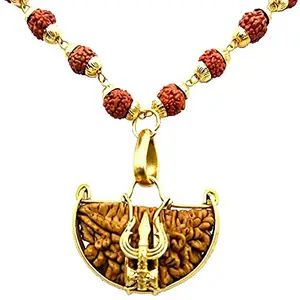 MITHILA HANDICRAFTS One Face Rudraksha | Ek Mukhi Rudraksha |Natural Lab Certified | Trishul Shaped |In Panch-Dhatu Pendant | With 5 Face Panch Dhatu Gold Plated Rudraksha Mala For Unisex Adult