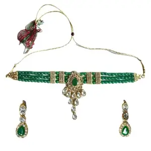 Beautiful Pearl & Diamond Choker Set with Necklace, Earrings and Maangtika | Jewelry Set for Women (EMERALD)