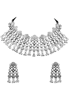 Dulcett India Traditional Afghani Oxidised Silver Jewellery Stylish Antique Choker Necklace Set With Earrings for Women & Girls