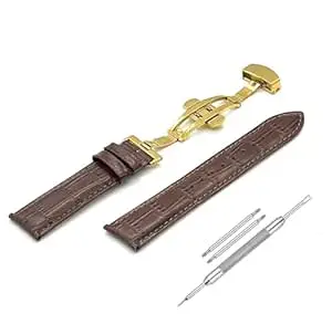 Lineon 22mm Half Padded Premium Leather Mens Watch Strap with ButterFly Lock For Branded Watches Tool and Pins Include