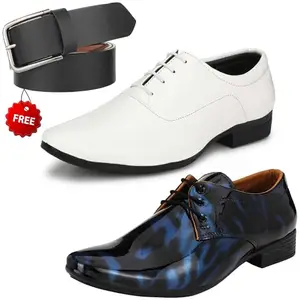 Trendy Formal Shoes/Party Shoes/ 2 Shoes Combo with Free Belt for Men and Boys (BAZAAR9324_VTR01-Blk-Blu006-Wht-1-Blk) Multicolor