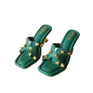 TIC TAC TOE Women's Heels Party Sandals Block Textured Heels | Emerald | 7 UK