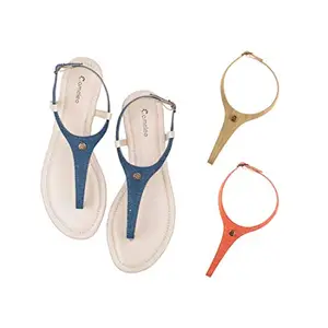 Cameleo -changes with You! Women's Plural T-Strap Slingback Flat Sandals | 3-in-1 Interchangeable Strap Set | Dark-Blue-Olive-Green-Red