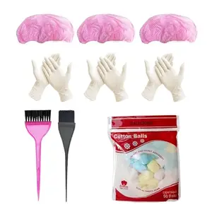 BlackLaoban Dye Brush Large & Small 2PCS, 3X Reusable Elastic Shower Cap And 3X Gloves For Hair Dyeing and Bleaching With Big Pack Of Cotton Balls Pink (Pack Of 9)