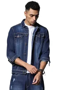 HIGH STAR Men's Washed Standard Length Spread Collar Cotton Denim Jacket
