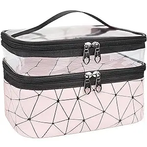 WICHARSH Double Layer Travel Cosmetic Bag Makeup Pouch for Women Travel Organizer Cosmetics Case Toiletry Bags for Girls (Pink Diamond)