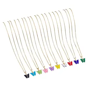 MALKYN Butterfly Pendant Necklace Set for Girls Women - 12 Multicolor Acrylic Charms with Gold Tone Chain - Lightweight Adjustable Jewelry for Daily Casual - Red White Blue Green Accent
