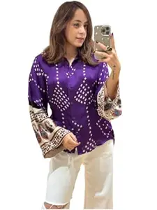 Zans & mens Women's Printed Shirt, Long Sleeve, Embroidered Cuffs, Collared Neck, Casual Ethnic Wear (in, Alpha, 2XL, Regular, Purpal-Bandhni)