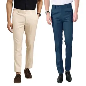 Pesado Men's Cotton Blend Solid Pattern Trouser (Biege & Morpitch, 26 Inch, Pack of 2)