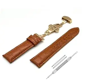 Lineon 22mm Half Padded Premium Leather Mens Watch Strap with ButterFly Lock For Branded Watches Tool and Pins Include