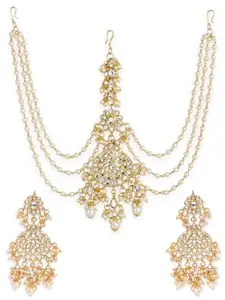 OOMPH Jewellery Gold Tone Kundan Sheeshphool Set Matha Patti with Drop Earrings For Women & Girls Stylish Latest (EST5-DDP12_AOR1)