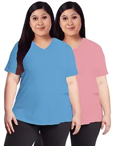 OPLU Women's Plus Size T-Shirt Pack of 2 with Blue and Babypink V Neck Half Sleeve Plain Combo Pootlu Tshirts.(Pooplu_Multicolored_3X-Large)