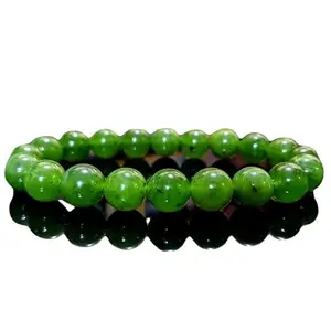 RRJEWELZ Natural Nephrite Jade 10mm Round Shape smooth Cut Beads 6.5 Inch Stretchable Bracelet for Men & Women.|STBR_RR_06366_6.5