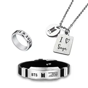 University Trendz Unisex BTS Suga Fan Combo - Kpop Suga Pendant Necklace with BTS multi Signature Bracelet & BTS Engraved Stainless Steel Ring (Pack of 3)