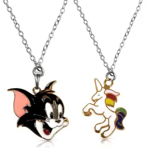 De-Autocare Combo Of Unisex Fancy & Stylish Stainless Steel Cartoon Cute Animal Tom Head Face And Colorful Lovely Unicorn Horse Charm Locket Pendant Necklace With Clavicle Chain