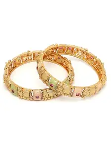 Karatcart Set of 2 Gold Plated Elephant Design Pink and Lime Green Meena Bangles for Women