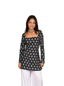 Women's Square Neck Top, Floral Print, Long Sleeve, Casual Tunic Style